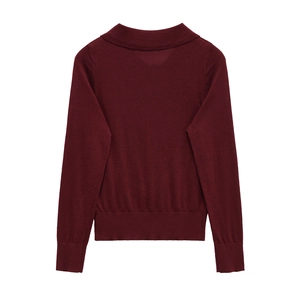 Back view of long sleeve knit sweater with polo collar in deep burgundy color