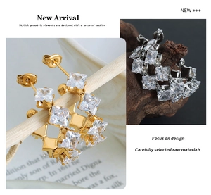 Detail of C-shaped earrings with square-cut cubic zirconia in gold and silver finish