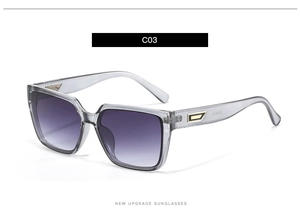 Detail of transparent grey square sunglasses featuring gold metal temple accents