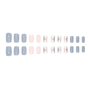 Light gray press-on nail kit with grid patterns, rhinestones, and 24 mixed size pieces