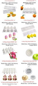 Detailed catalog of multi-cavity 3D fruit shaped silicone molds for baking and candles