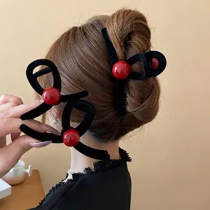 Vintage Hair Claw Clip Flocked Velvet With Red Bead Large Elegant Shark Clip For Women Elegant Hair Accessories