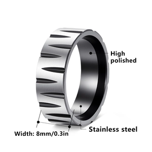 Brushed stainless steel gear pattern ring with black interior and 8mm width