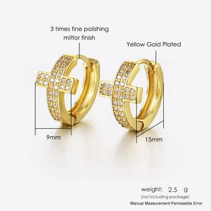 Gold plated cross hoop earrings for men with micro-paved white cubic zirconia stones