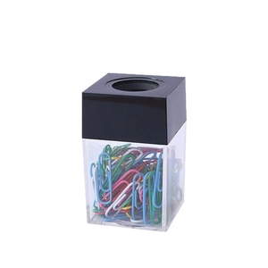 Square magnetic paper clip holder with clear body and colorful clips inside