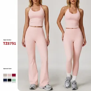 Women Halter Neck Backless Yoga Top And Bottom High Waist Flared Leggings Quick Dry Brushed Athletic Gym Sportswear