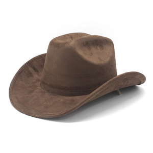 Classic brown suede western cowboy hat with wide brim and dented crown on white background