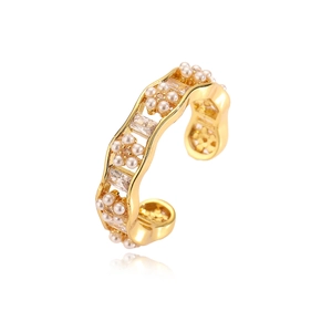 Gold-plated adjustable ring featuring floral pearls and rectangular cubic zirconia accents