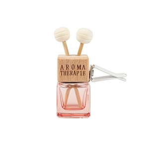 Pink glass car perfume bottle with wooden base for air vent aromatherapy clip