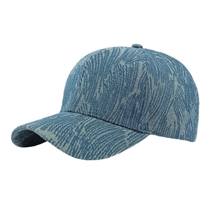 Classic denim jacquard baseball cap with white textured pattern and curved brim