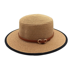 Boater Hat Women Straw Woven Sun Protection Beach Vacation Flat Top Wide Brim Leather Strap Metal Buckle Retro