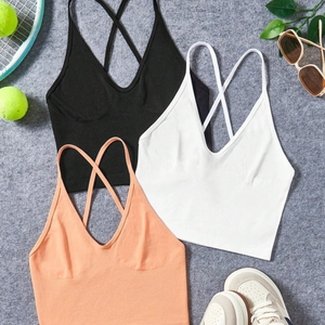 Débardeurs de Sport en Tricot à Côtes pour Femmes Col en V Dos Croisé Brassières de Yoga pour Fitness Musculation Tops