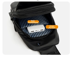 Detail view of large capacity men's chest bag interior with divided storage compartments