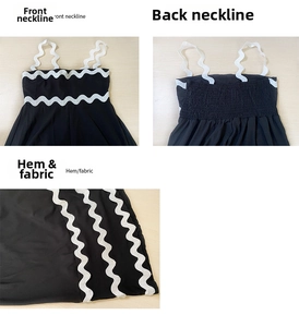 Detail view of the dress showing ruffled shoulder straps and elastic smocked back design