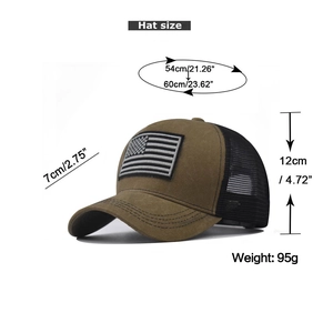 Detailed size guide for distressed American flag baseball cap with mesh back
