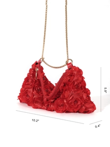 Detailed size specifications for the red floral evening bag with gold chain strap