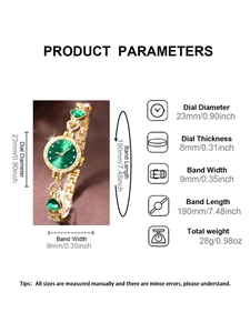 Detailed product dimensions for the gold lady watch with a green dial and heart charms