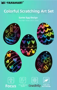 Detailed view of 5 Easter egg scratch art cards showing rainbow patterns and rabbit motifs