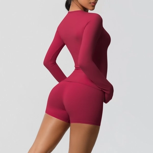 Deep berry red two-piece yoga set showing back view of long sleeve top and shorts