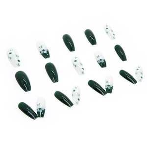 Long ballet press-on nails with green and white camellia floral design, 24pcs set