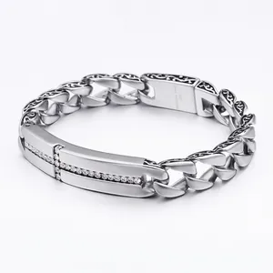 Cuban Link Chain Bracelet 316L Stainless Steel Cross Rhinestone Engraved Retro Jewelry For Men