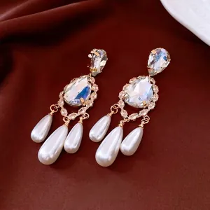 Elegant 18k gold-plated pearl drop earrings with crystal teardrop pendants in vintage style