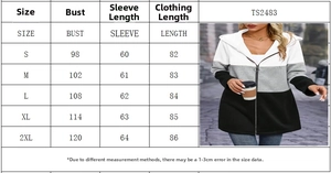 Detailed size chart for color block hooded coat showing bust and length in S to 2XL