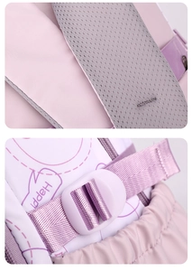 Detail of lavender backpack featuring breathable mesh padding and durable plastic buckles