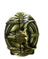 Detailed view of an oval western cowboy belt buckle featuring a bull skull and feathers