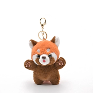 Cute brown and white red panda plush keychain with a premium golden metal clasp