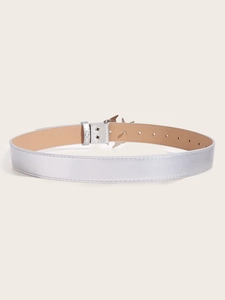 Detail view of silver star buckle and metallic belt with light brown lining and holes