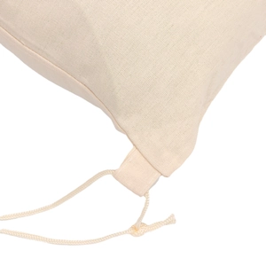 Blank beige cotton linen drawstring pouch bag with textured fabric and small side loop