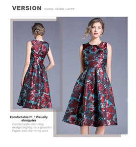 Detail of red and blue floral jacquard pattern on a slim fit sleeveless A-line dress