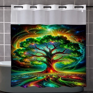 Waterproof shower curtain featuring neon tree of life digital art print for bathrooms