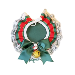 Christmas plaid pet collar with lace, bowknot, snowman charm and golden bell