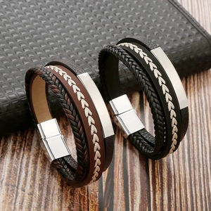 Multi Layer Braided Leather Bracelet For Men Stainless Steel Magnetic Clasp Minimalist Hand-Woven Jewelry Accessory