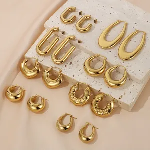 Chunky Hoop Earrings 18K Gold Plated Stainless Steel Geometric Hollow U Shape Bamboo Texture Minimalism For Women
