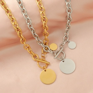 Luxury stainless steel OT toggle thick chain necklaces with round pendant in gold and silver