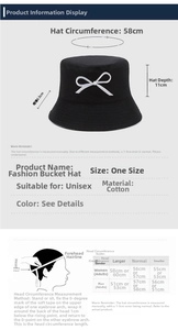 Detailed size guide table for the cotton bucket hat including brim and circumference info
