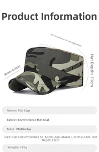 Vista dettagliata con cinturino regolabile 55-60cm e dimensioni del cappello militare camo
