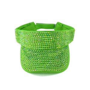 Macro detail of rhinestones on fluorescent green sun visor hat with adjustable back strap