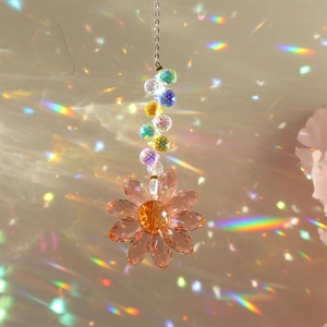 Detail of amber sunflower crystal prism reflecting colorful rainbows on the wall