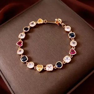18K gold plated vintage bracelet with colorful heart and square cut faceted gemstones