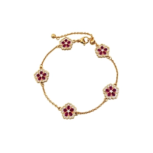 18k gold plated bracelet with five red flower pendants and sparkling crystal accents