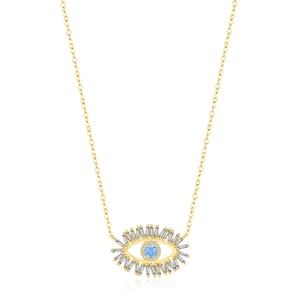 Elegant gold s925 silver necklace featuring a sparkling blue evil eye pendant with crystals