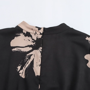 Floral print dress with high neckline and invisible back zipper in black and beige chiffon