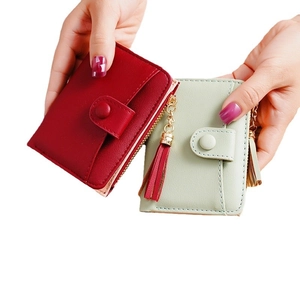 Fashionable PU leather mini wallets in red and green with tassel and snap closure