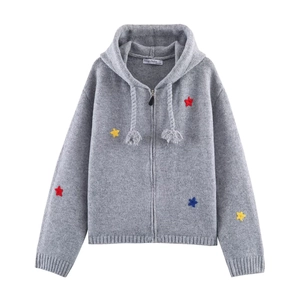 Women Hooded Knit Cardigan Star Jacquard Drawstring Zip Up Sweater Top Polyester Long Sleeve Outerwear Winter Fashion