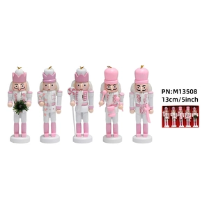 Five-piece set of 13cm pink and white wooden nutcracker figurines for Christmas decor