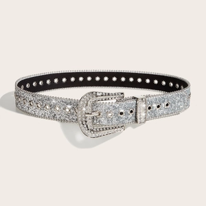 Chic silver rhinestone belt for women with sparkling crystal buckle and Y2K aesthetic
